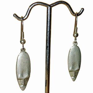 Tribal Mask Face Dangle Earrings Silver Tone Metal Alloy Elongated Oval Teardrop
